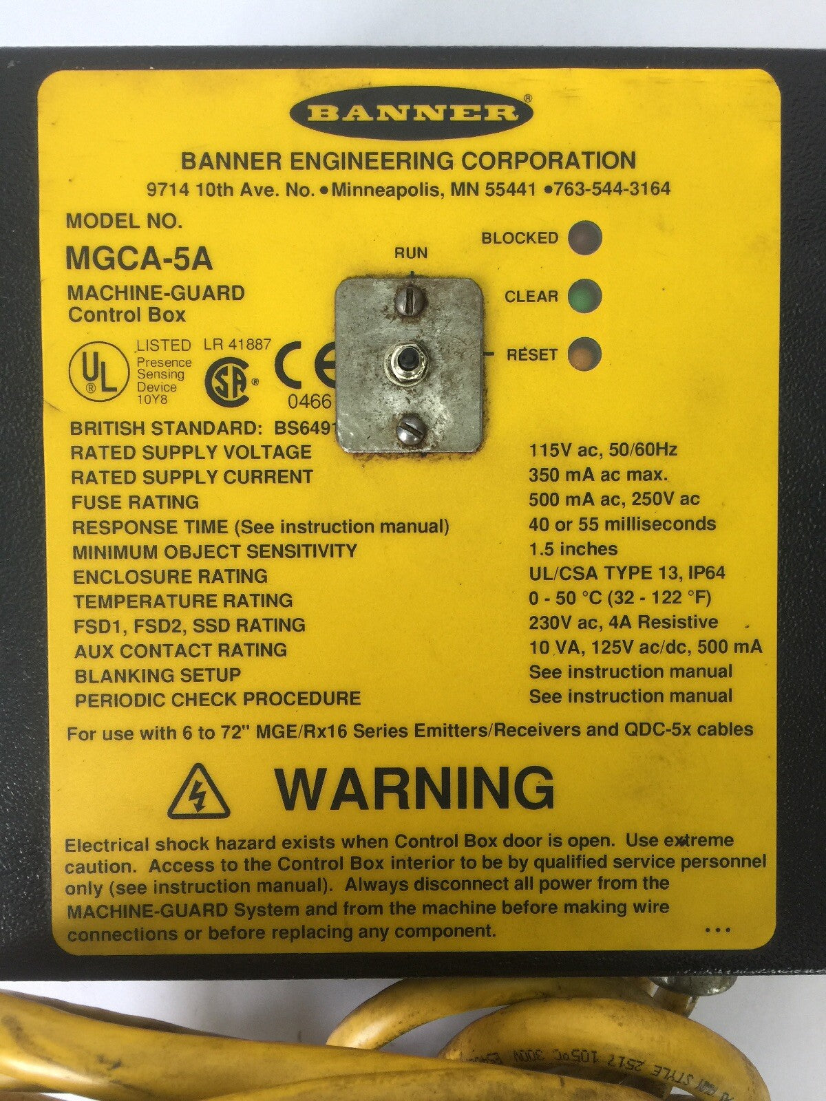 BANNER MGCA-5A MACHINE-GUARD CONTROL BOX 115VAC 2