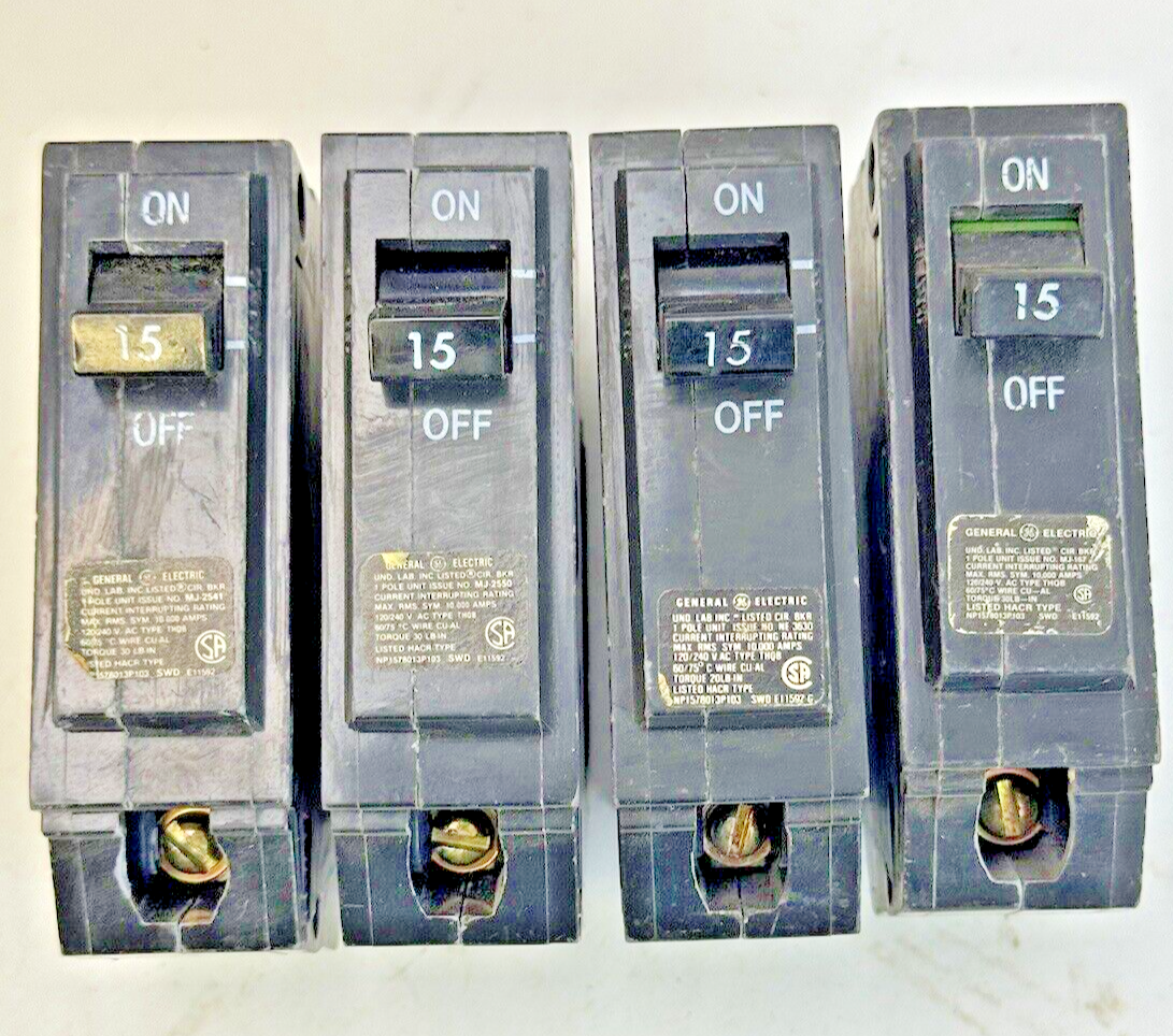 GE **LOT OF 4** - THQB115 - CIRCUIT BREAKERS - 1 POLE, 15 A, 240 VAC, TYPE THQB1