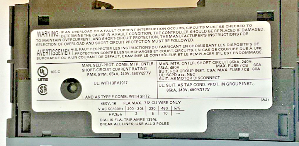 SIEMENS 3RV2011-4AA20 MOTOR CONTROL 10-16A 50HZ7