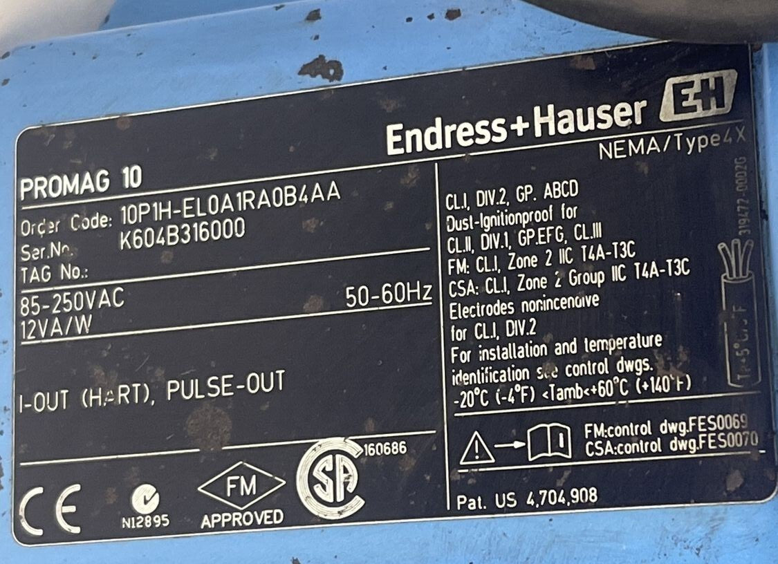 ENDRESS+HAUSER 10P1H-EL0A1RA0BAA ELECTROMAGNETIC FLOW METER 85-250VAC TYPE 4X3