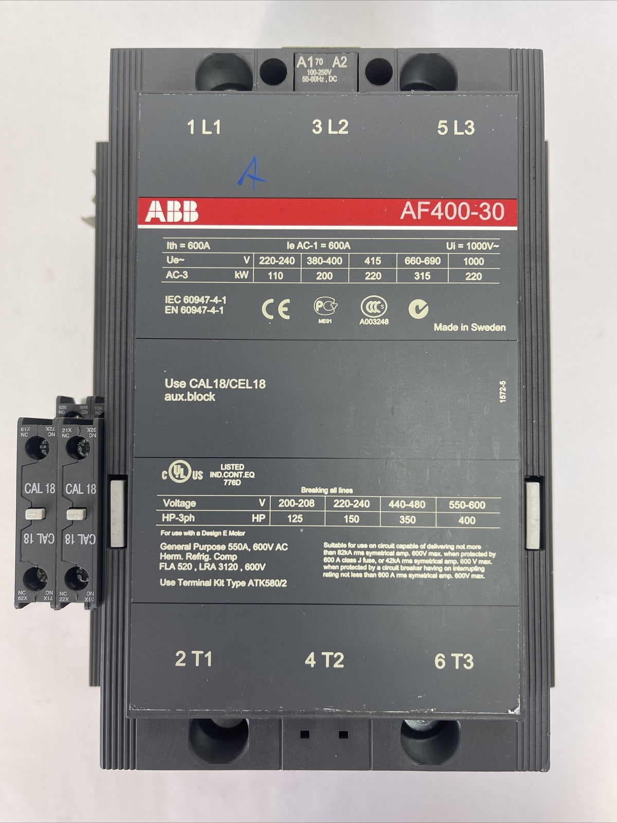 ABB AF400-30 CONTACTOR 600VAC 400HP 3POLE 3PH 550A COIL 100-250VDC 50-60hz0