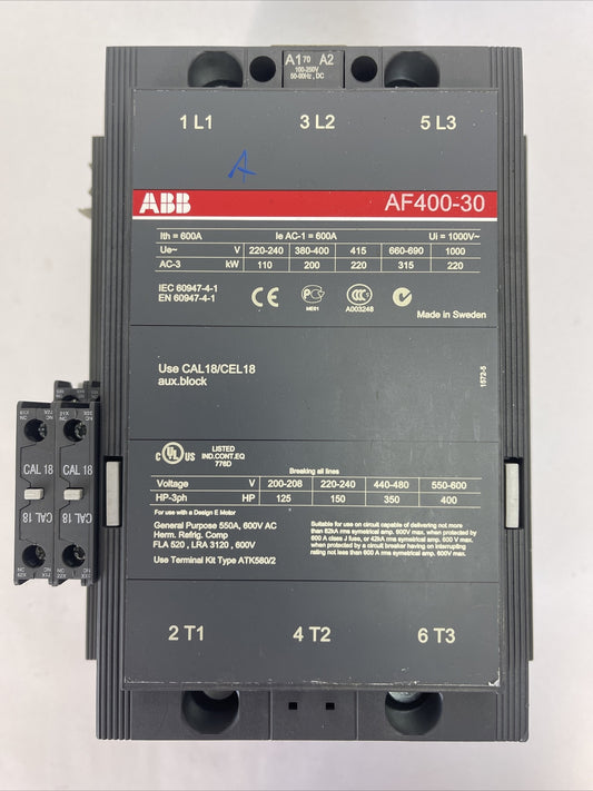 ABB AF400-30 CONTACTOR 600VAC 400HP 3POLE 3PH 550A COIL 100-250VDC 50-60hz0