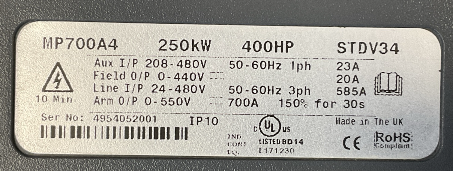 EMERSON MP700A4 DC DRIVE 250kW 400HP STDV341