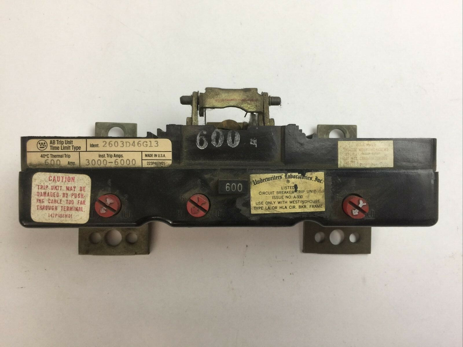 WESTINGHOUSE 2603D46G13 AB TRIP UNIT 600AMP 2POLE INST TRIP 3000-6000A TIME0