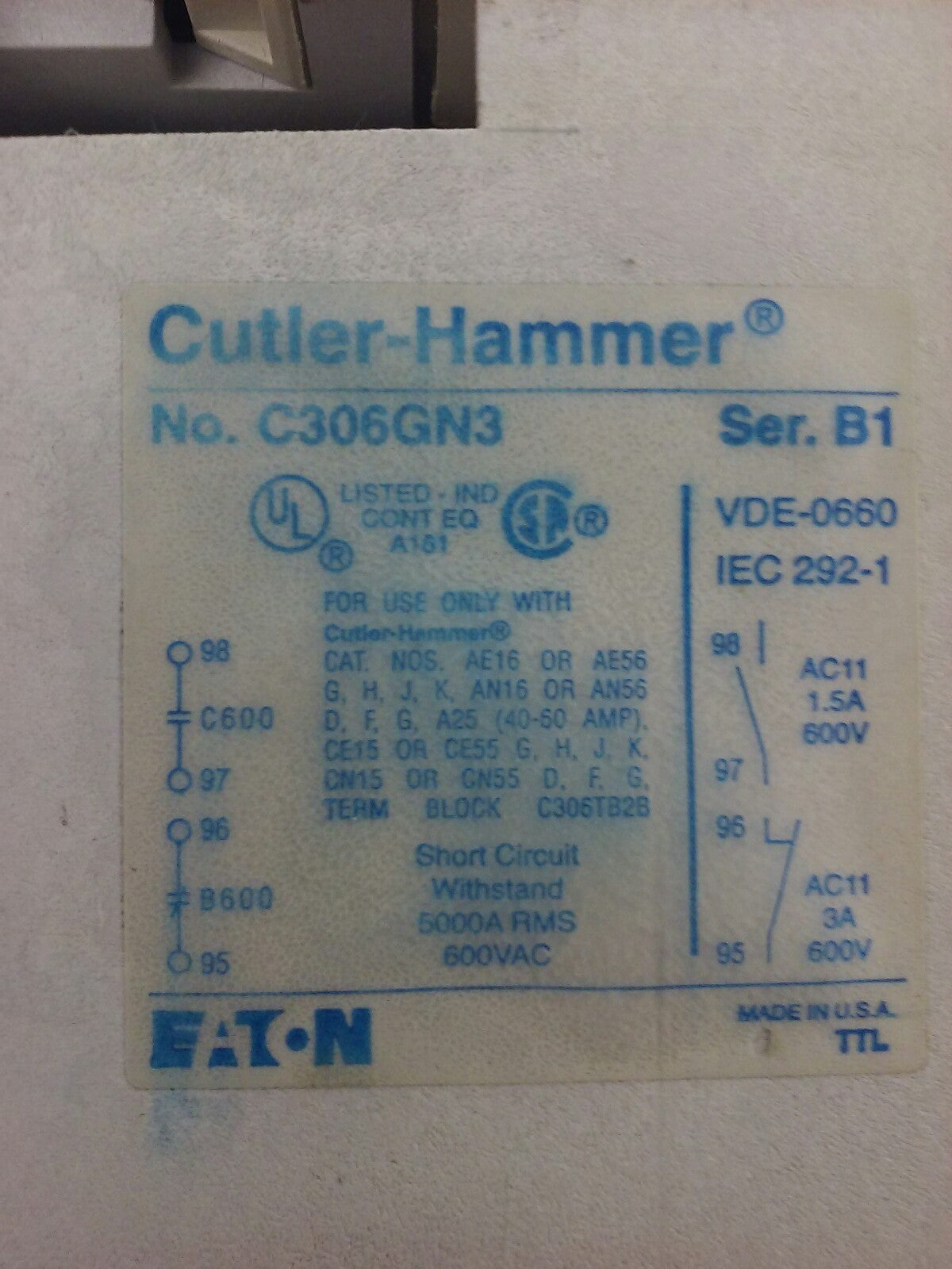 CUTLER HAMMER / EATON AN16DN0 STARTER SIZE 1 27A 600V 3PH 10 HP C306GN32