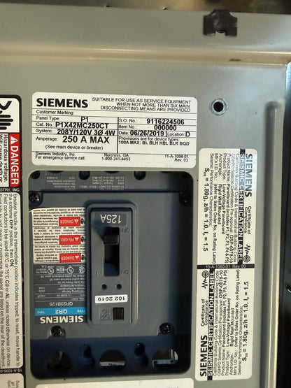 SIEMENS P1X42MC250CT 208Y/120V PANELBOAD QR2B125 MAIN CIRCUIT BREAKER (42)20A1