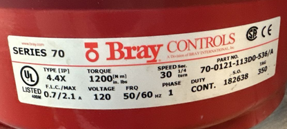 BRAY 70-0121-113D0-536/A ACTUATOR VALVE TYPE(IP) 4.4X TORQUE 1200 IN. LBS 120V1