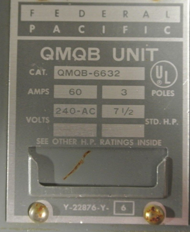 FEDERAL PACIFIC QMQB-6632  TWIN PANELBOARD SWITCH - 240VAC, 60A, 3-POLE, 7-1/2HP1