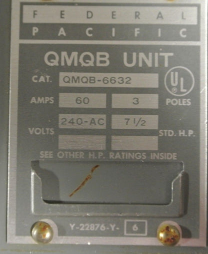 FEDERAL PACIFIC QMQB-6632  TWIN PANELBOARD SWITCH - 240VAC, 60A, 3-POLE, 7-1/2HP1