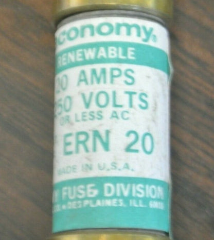 BOX of 10 / ECONOMY ERN20 RENEWABLE FUSE / 20A / 250V / NEW SURPLUS / ERN 201