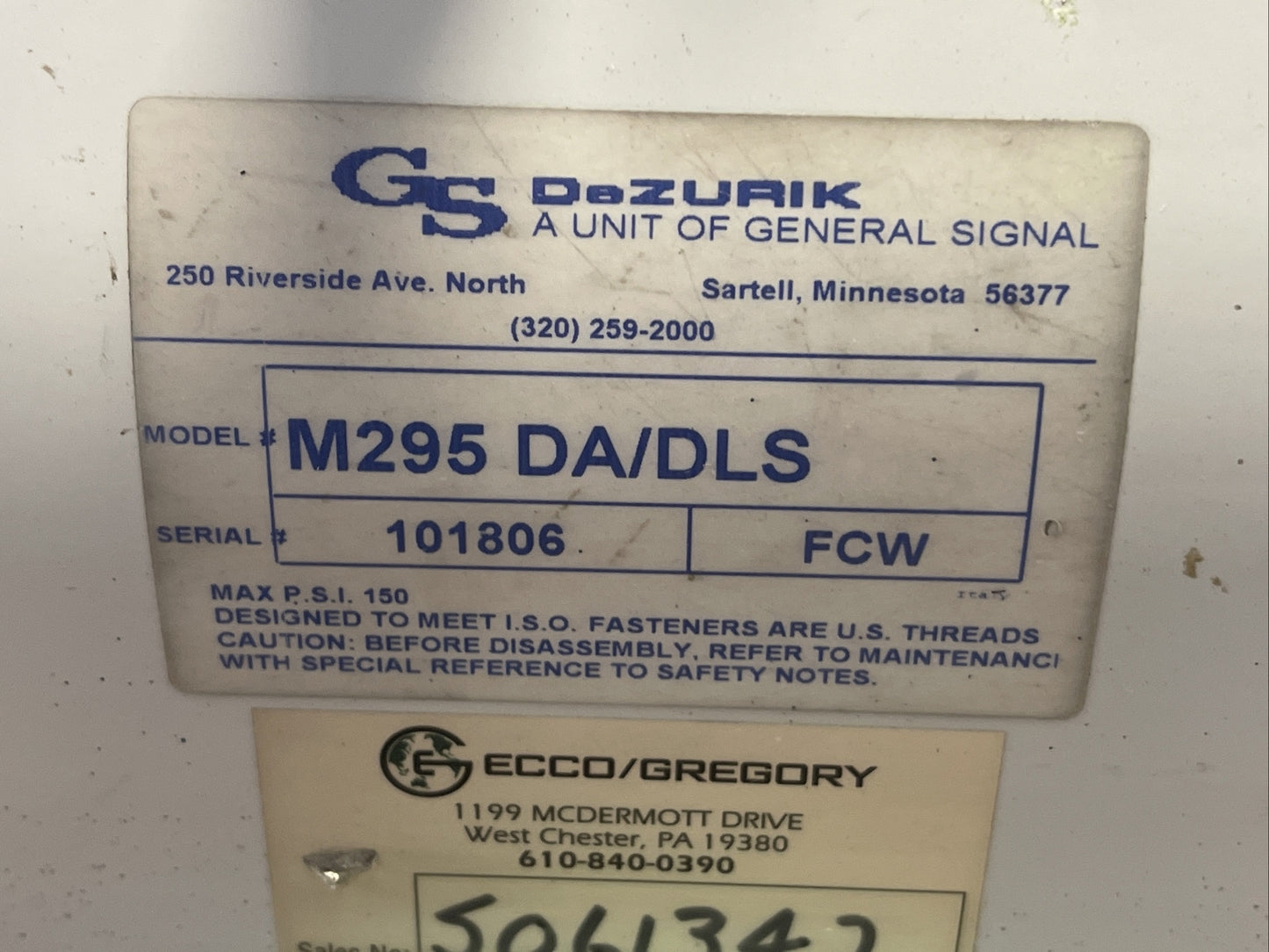 DEZURIK WATER CONTROLS 9407209R004 SIZE 3 M295 DA/DLS 150PSI VR3C2YAA2NGA 250VDC2