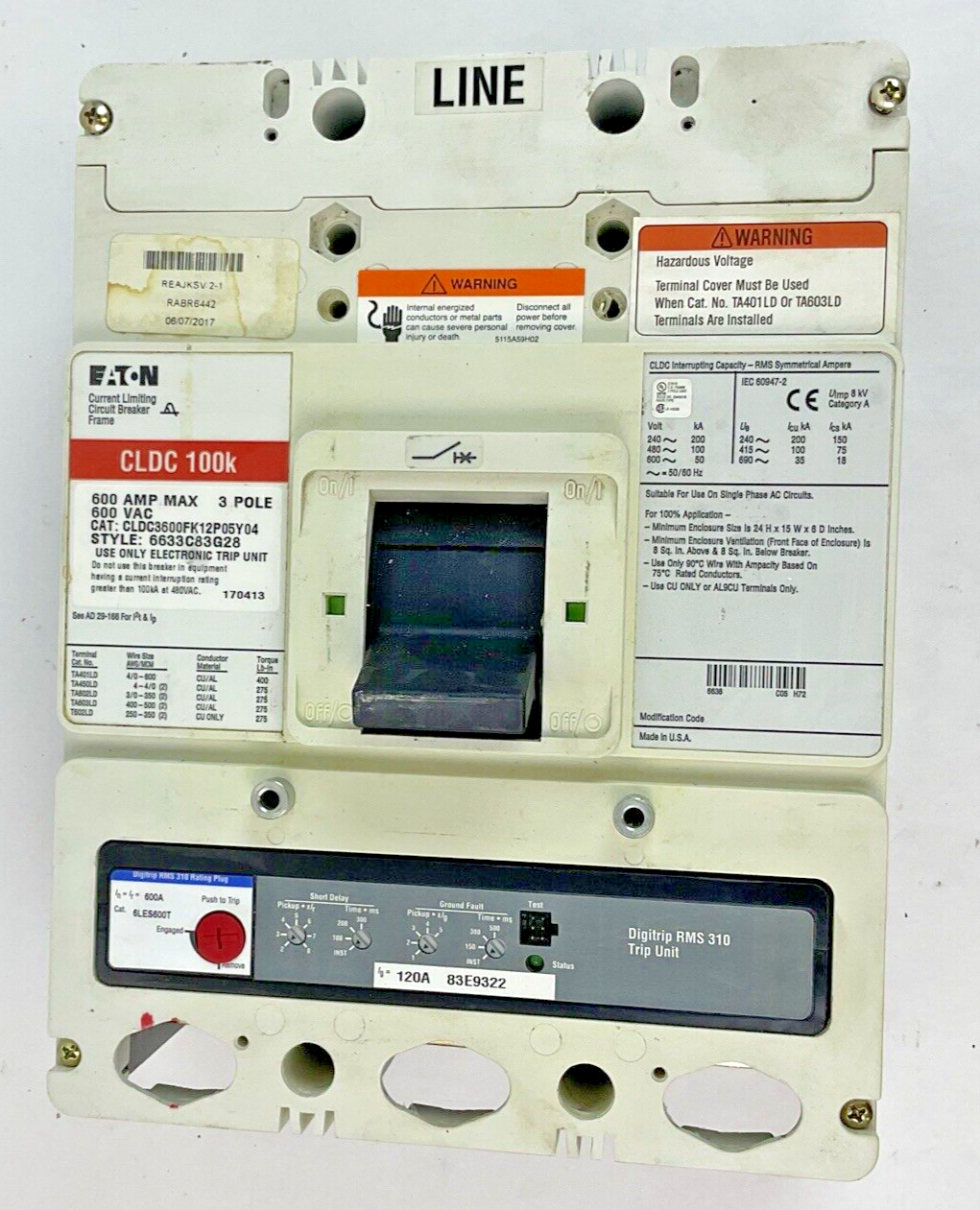 EATON CLDC36000FK12P05Y04 CIRCUIT BREAKER 600A/ 6LES600T 120A TRIP0