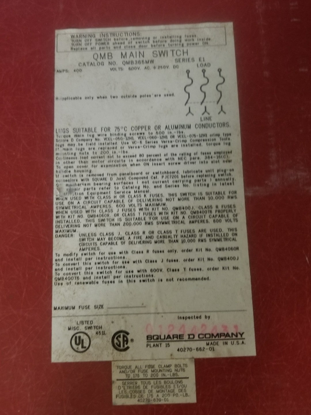SQUARE D QMB QMB365MW 400 AMP 600V FUSIBLE PANELBOARD SWITCH 6