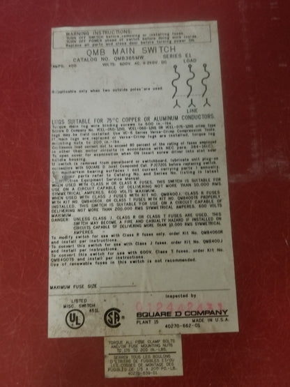 SQUARE D QMB QMB365MW 400 AMP 600V FUSIBLE PANELBOARD SWITCH 6