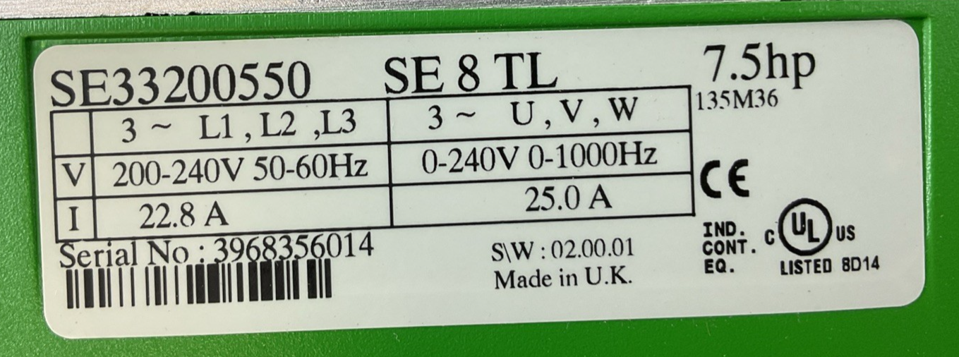 CONTROL TECHNIQUES COMMANDER SE33200550 INVERTER DRIVE 7.5HP 0-240VAC 25A2
