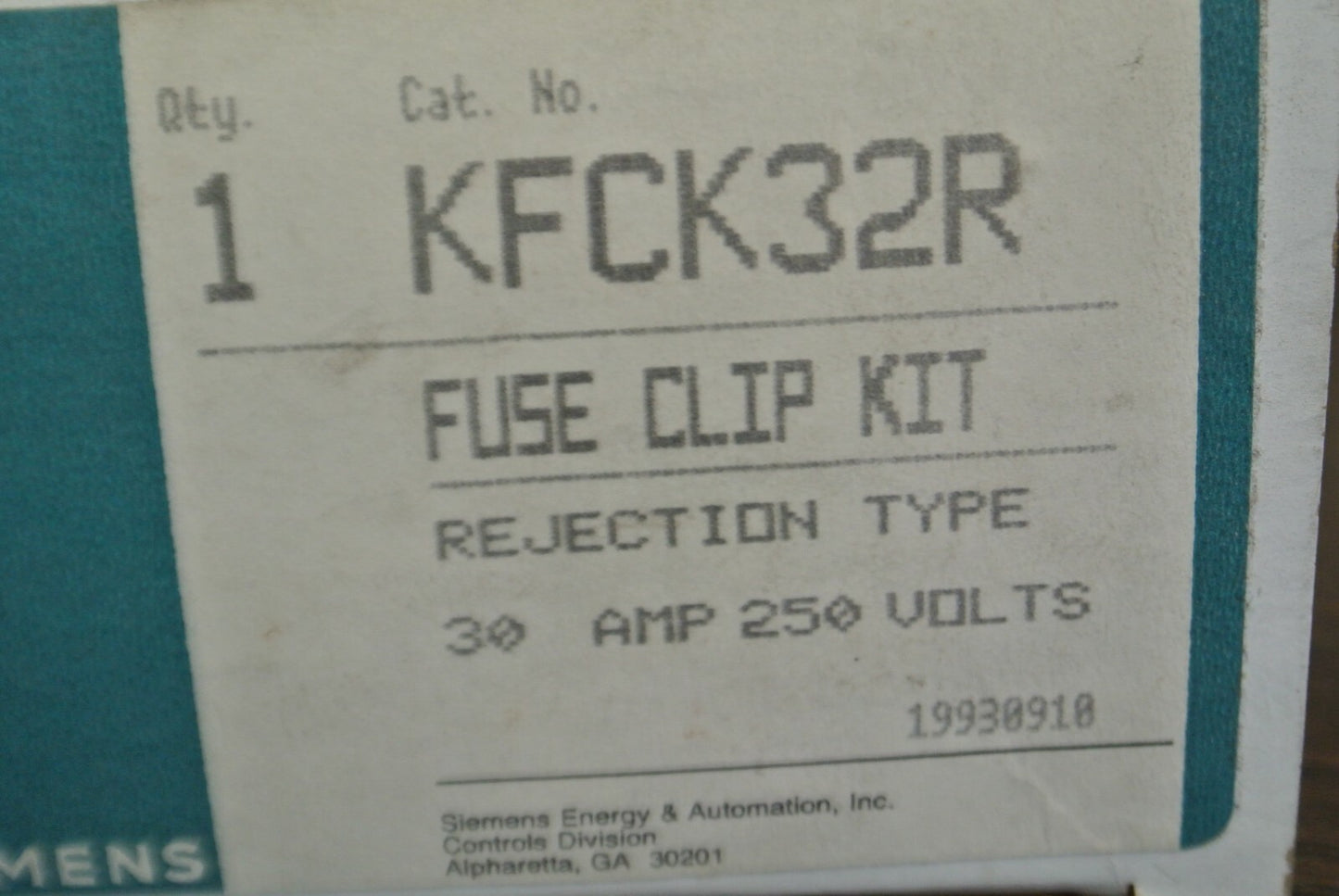 SIEMENS KFCK32R FUSE CLIP KIT / REJECTION TYPE / 30A / 250V / NEW SURPLUS0