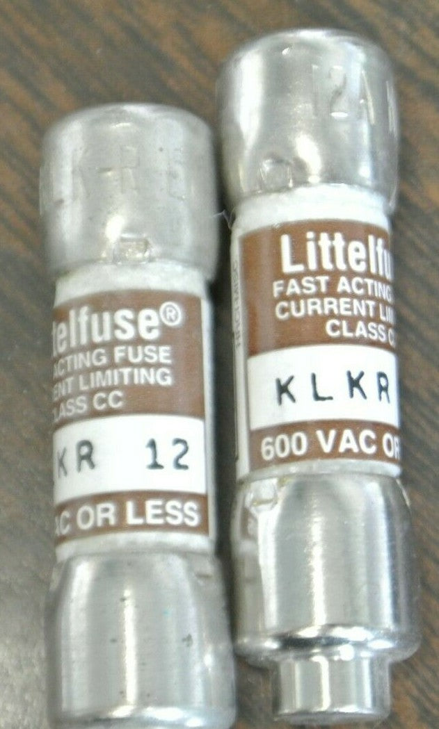 LOT of 2 / LITTELFUSE KLKR12 CLASS CC FUSE / 12A / 600V / NEW SURPLUS KLKR-120