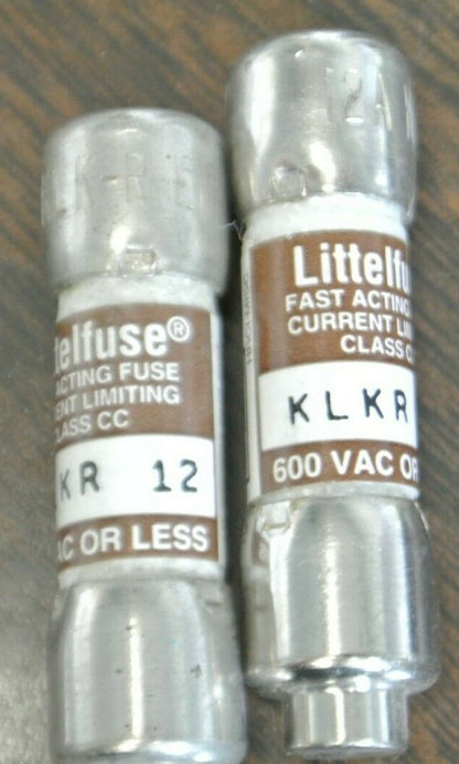 LOT of 2 / LITTELFUSE KLKR12 CLASS CC FUSE / 12A / 600V / NEW SURPLUS KLKR-120