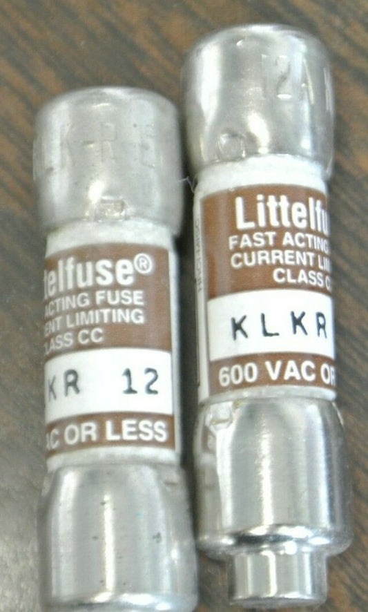 LOT of 2 / LITTELFUSE KLKR12 CLASS CC FUSE / 12A / 600V / NEW SURPLUS KLKR-120