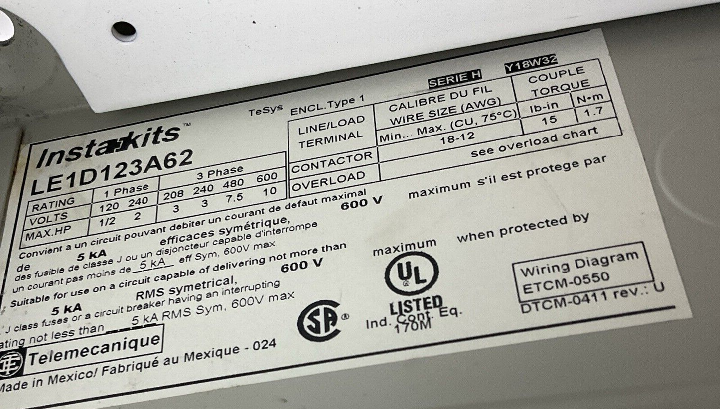 SCHNEIDER ELECTRIC / TELEMECANIQUE LE1D123A62 ENCLOSED CONTACTOR LC1 D121