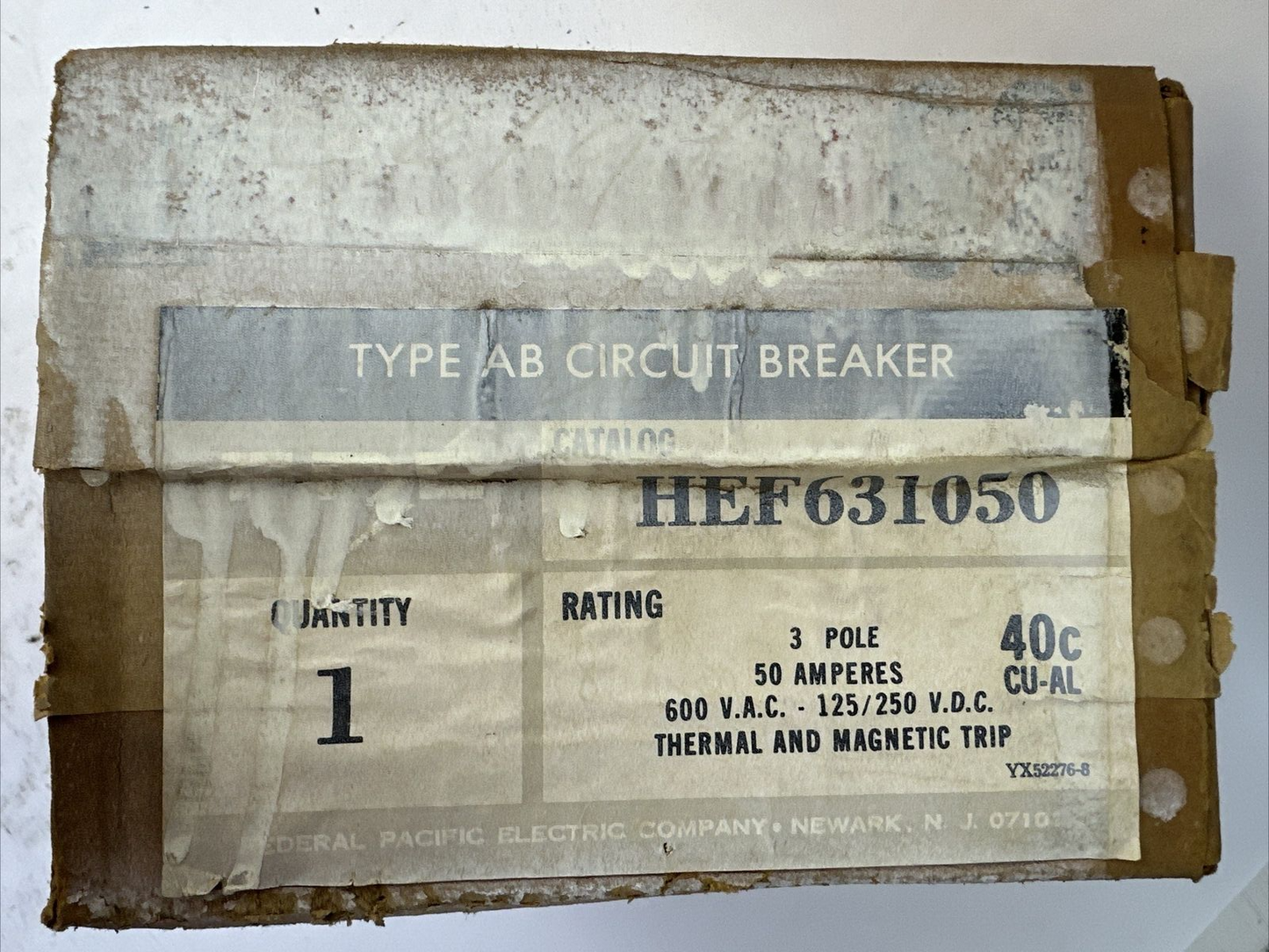 FPE HEF631050 TYPE AB CIRCUIT BREAKER 50AMP 600VAC 125/250VDC 3POLE0