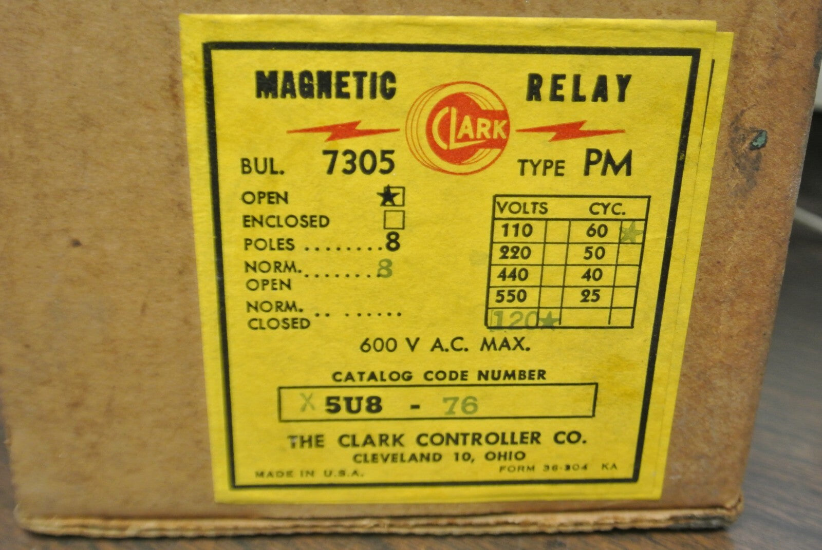 CLARK 5U8-76 / RELAY BUL. 7305 TYPE PM / 8 N.O. / 110-120V COIL / NEW SURPLUS5