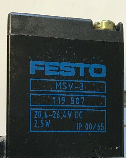 FESTO MVH-5/2-D-1-FR-C SOLENIOD VALVE W/FESTO MSV-3 20,4-26,4VDC 2,5W2