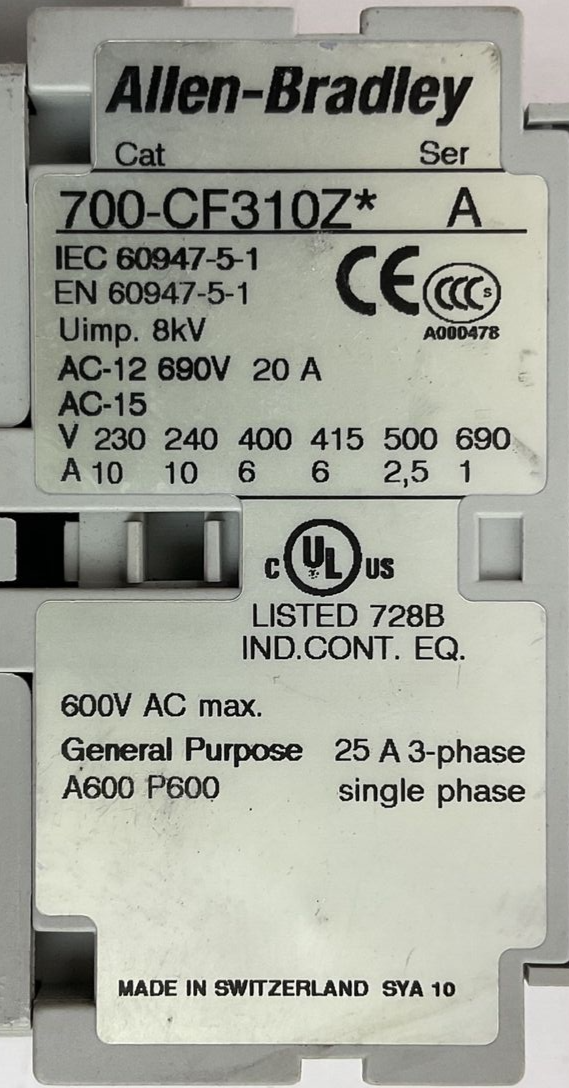 ALLEN BRADLEY 700S-CF620ZJC COIL 24VDC 700-CF310Z* 600VAC 25A SER A 100S-F SER B6
