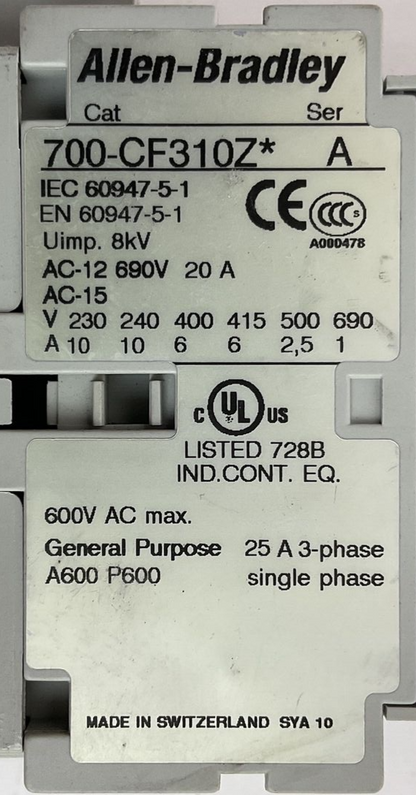 ALLEN BRADLEY 700S-CF620ZJC COIL 24VDC 700-CF310Z* 600VAC 25A SER A 100S-F SER B6