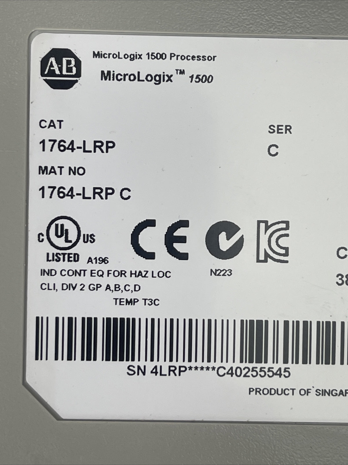 ALLEN BRADLEY 1764-LRP MICROLOGIX 1500 PROCESSOR SER C FW 14 380mA @ 5VDC1