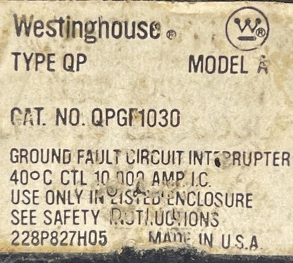 CUTLER HAMMER / WESTINGHOUSE QPGF1030 GROUND FAULT CIRCUIT BREAKER 30A 1P 120VAC1