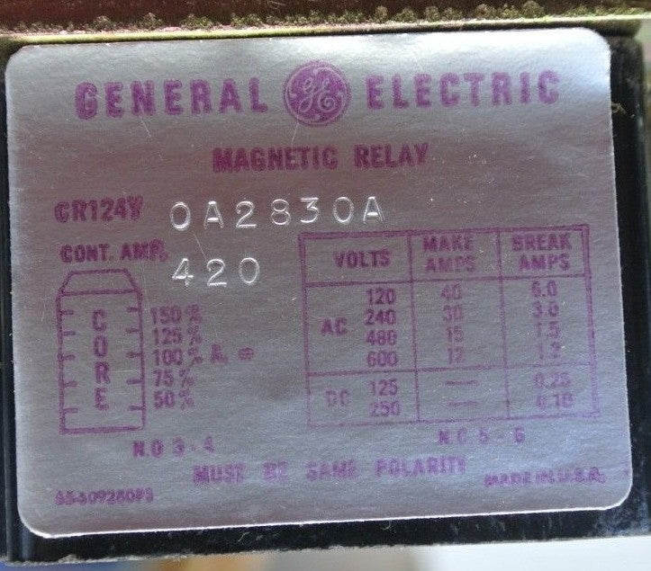 GENERAL ELECTRIC CR124Y0A2830A MAGNETIC OVERLOAD RELAY / 420A / NEW SURPLUS1