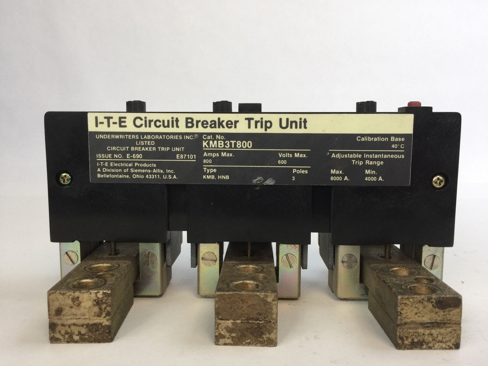 ITE KMB3T800 CIRCUIT BREAKER TRIP UNIT 800AMP 3P 600V ADJ INST TRIP 4000-8000A2