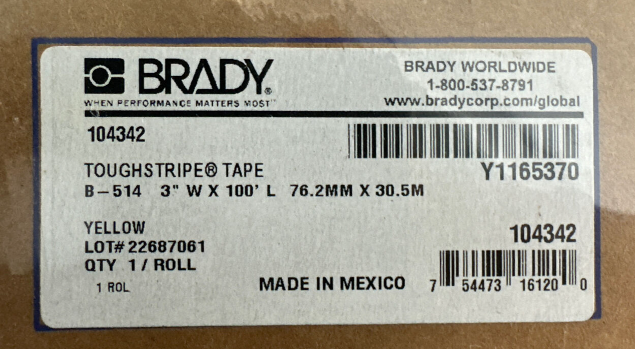 BRADY B-514 3" X 100' 76.2MM X 30.5M YELLOW TOUGH STRIPE TAPE0