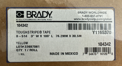 BRADY B-514 3" X 100' 76.2MM X 30.5M YELLOW TOUGH STRIPE TAPE0