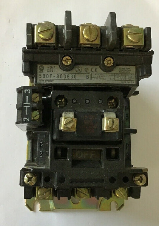 ALLEN BRADLEY 500F-B0D930 SER.B SIZE 1 CONTACTOR 600VAC 27AMP 10HP 120V COIL0