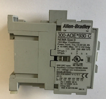 ALLEN BRADLEY 300-AOE*930 CONTACTOR SER.C 18A 600VAC 24VDC4