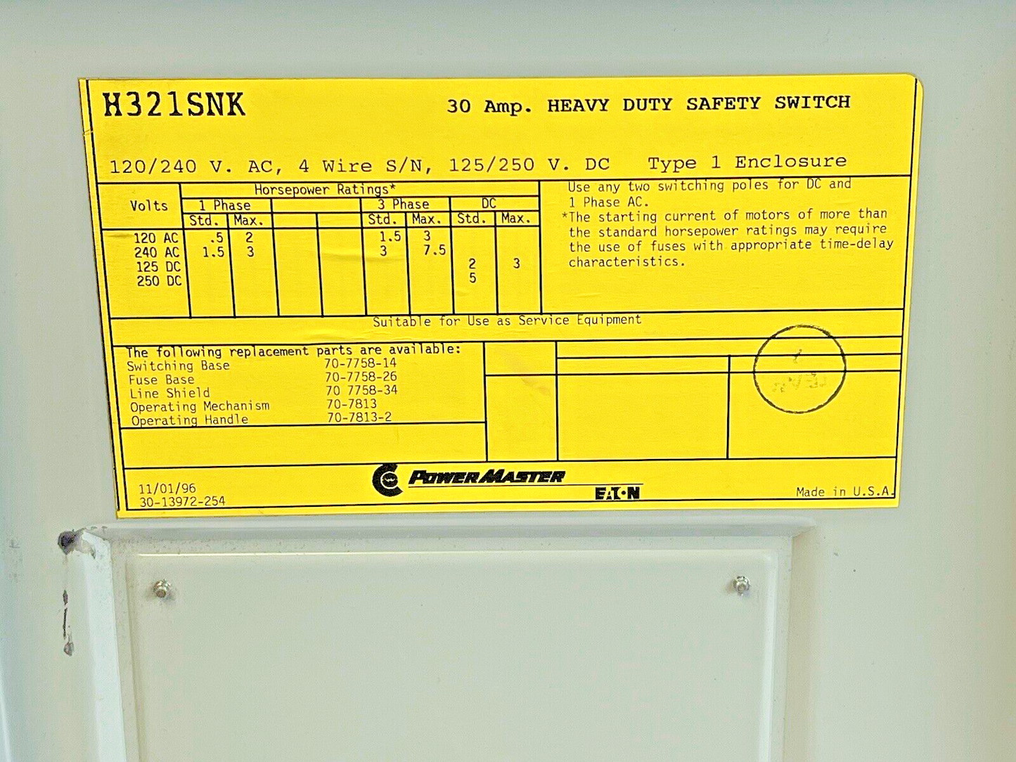 EATON - POWER MASTER - H321SNK - SAFETY SWITCH - 30 A, 120/240 VAC, TYPE 16