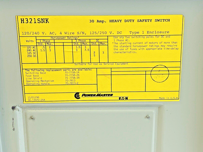 EATON - POWER MASTER - H321SNK - SAFETY SWITCH - 30 A, 120/240 VAC, TYPE 16