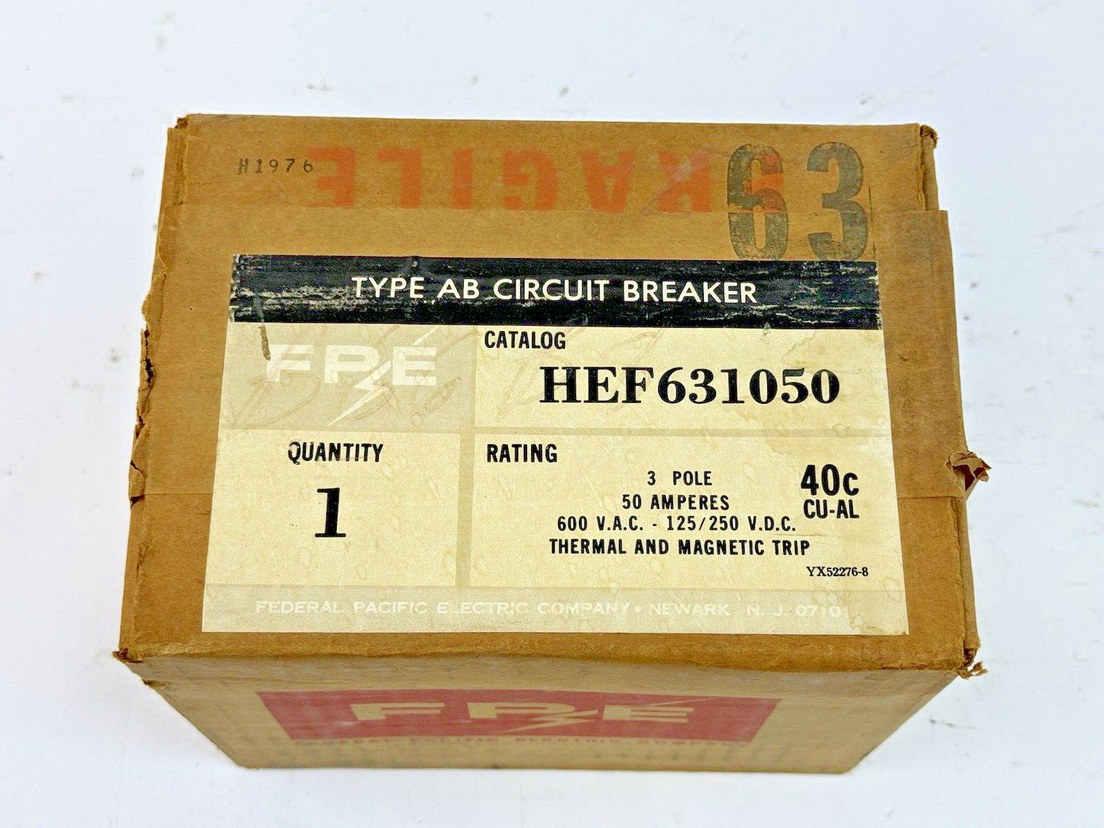 FPE - HEF631050 - MOLDED AB CIRCUIT BREAKER - 50 A, 3 POLE, 600 VAC - NEW SEALED1
