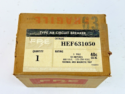 FPE - HEF631050 - MOLDED AB CIRCUIT BREAKER - 50 A, 3 POLE, 600 VAC - NEW SEALED1