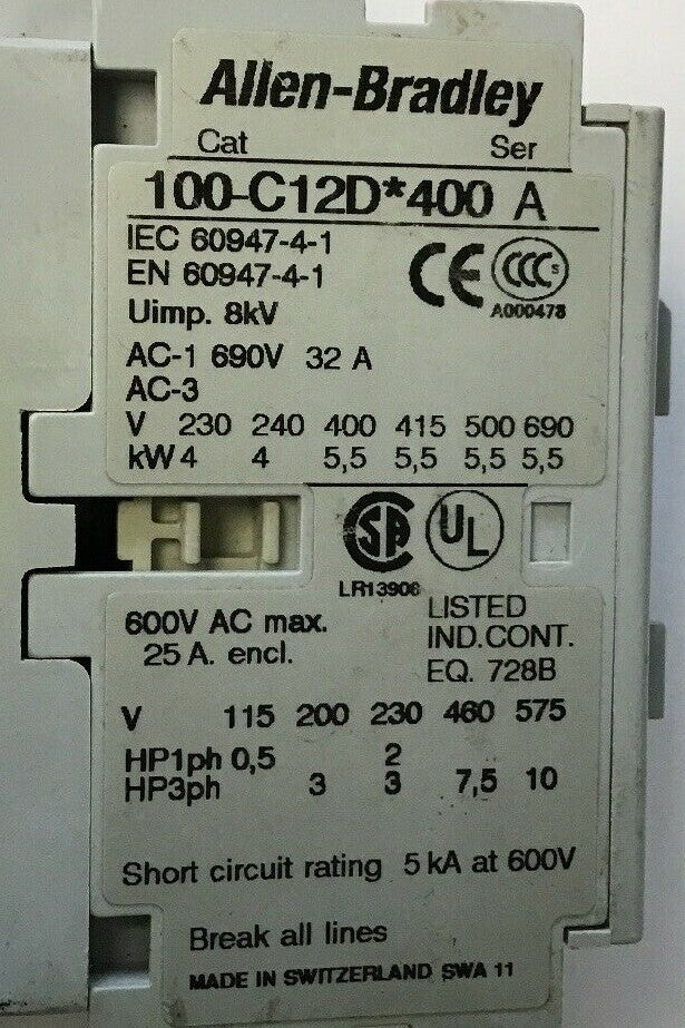 ALLEN BRADLEY 100-C12D*400 CONTACTOR SER,A 690V 32A 600VAC COIL 24VDC1