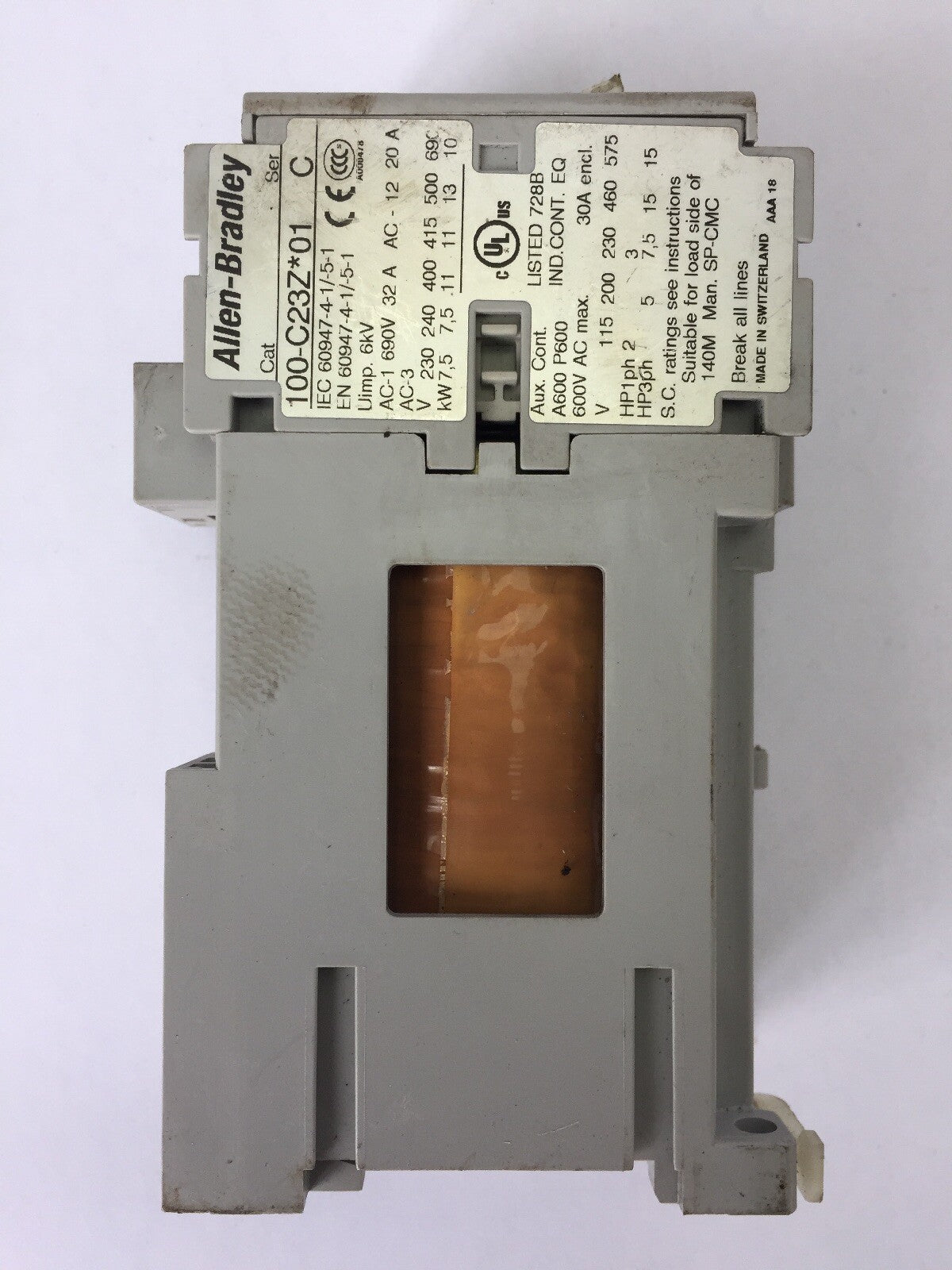 ALLEN BRADLEY 100-C23Z*01 CONTACTOR 600VAC 15HP 30A COIL 24VDC2