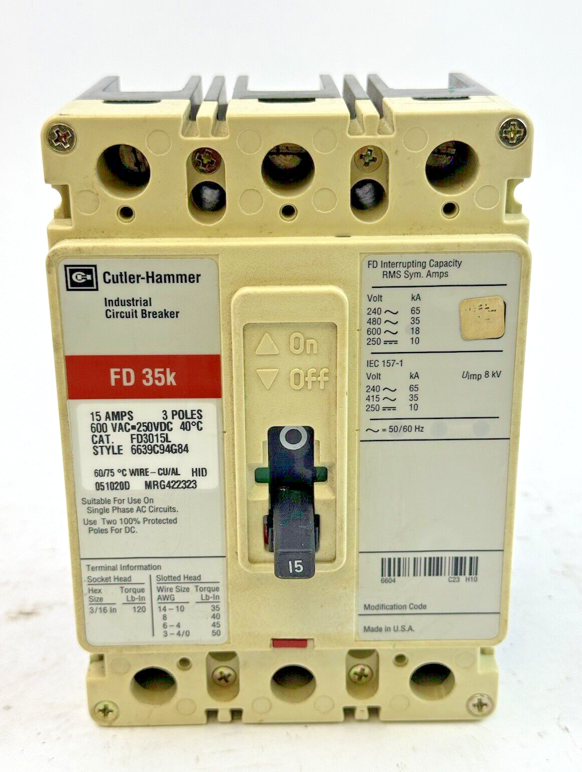 EATON / CUTLER-HAMMMER - FD3015L - CIRCUIT BREAKER - 3 POLE/ 15 A/ 600 VAC1