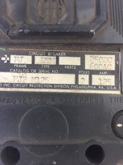 ITE SIEMENS FJ2 M125 CIRCUIT BREAKER 600VAC 250VDC 125AMP 2POLE1