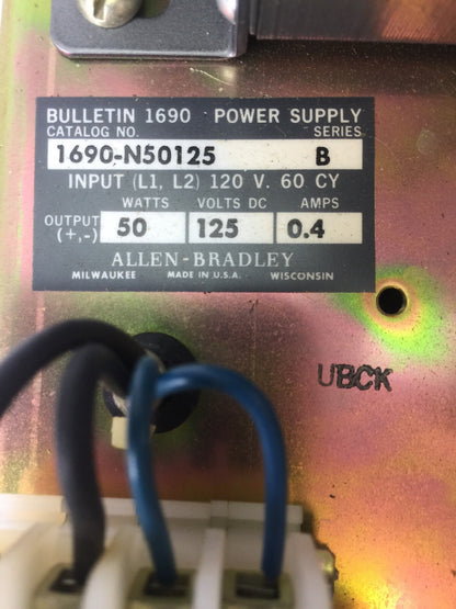 ALLEN BRADLEY 1690-N50125 DC POWER SUPPLY INPUT 120V 60CY OUTPUT 125VDC 50WATTS 3
