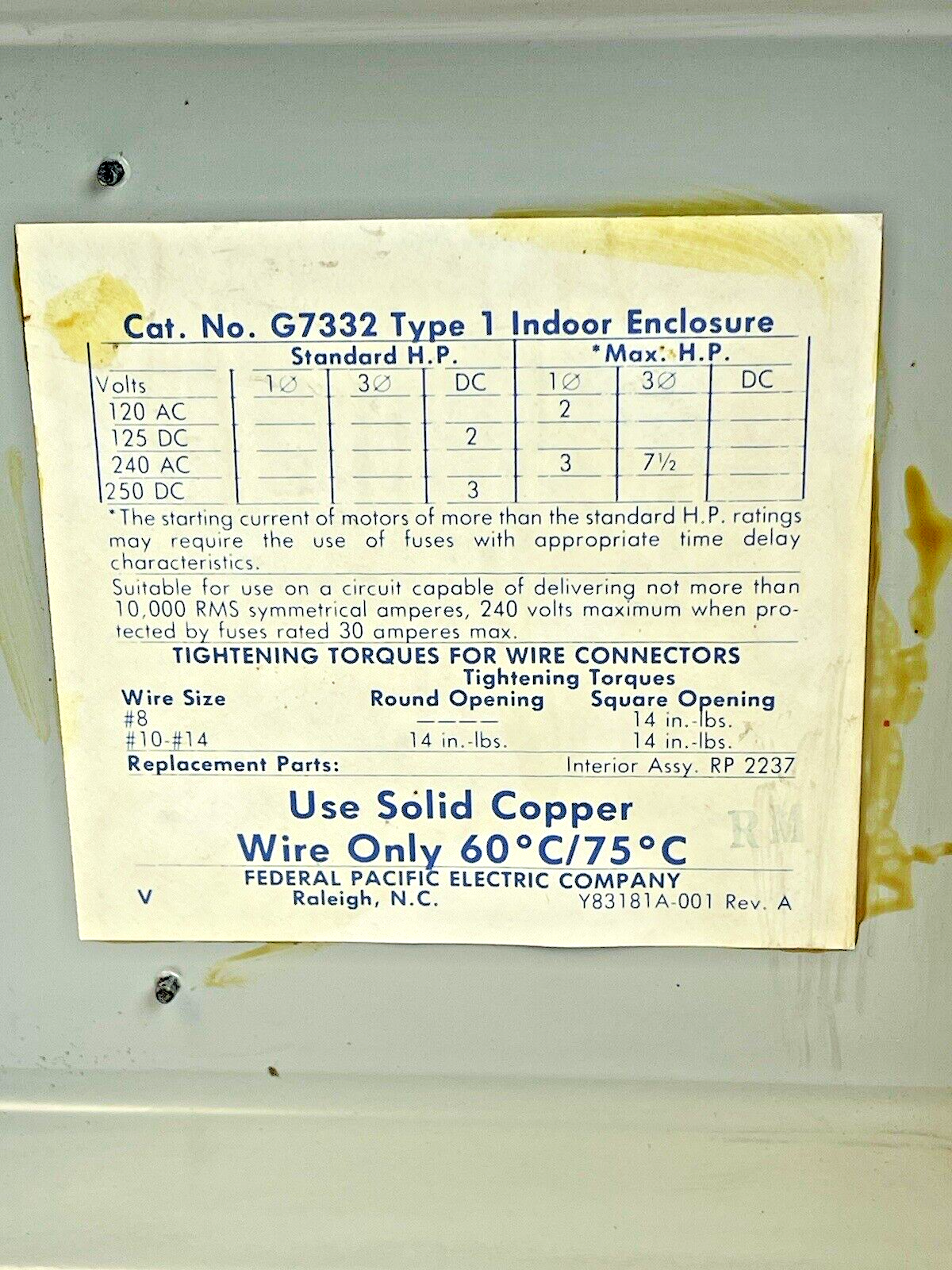 FEDERAL PACIFIC - G7332 - ENCLOSED SWITCH - 30 AMP, 3 POLE, 240 VAC, NEMA TYPE 16