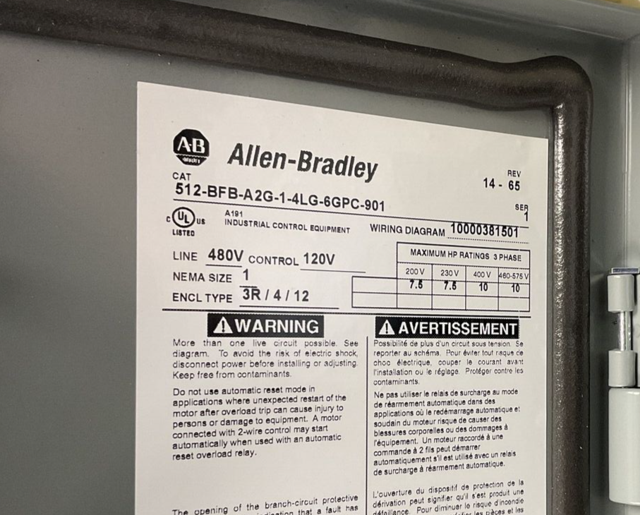 ALLEN BRADLEY 512-BFB-A2G-1-4LG-6GPC-901 COMBINATION STARTER 480V SER.1 REV.653