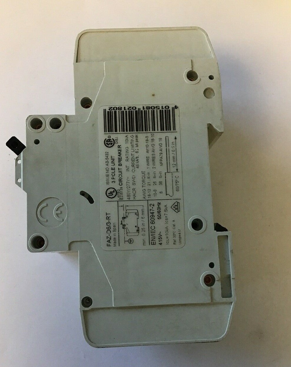 MOELLER FAZ-D6/3-RT 3POLE CIRCUIT BREAKER 415VAC 50/60HZ**LOTOF4**1