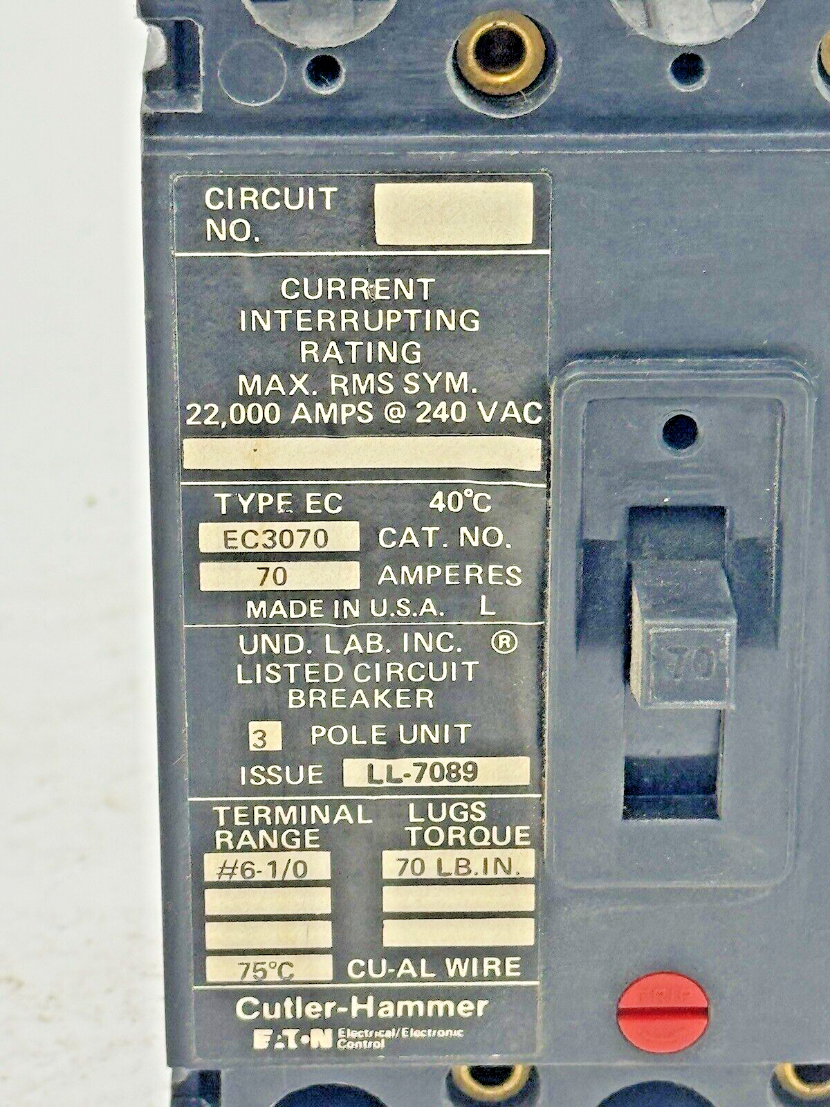 CUTLER-HAMMER - EC3070- CIRCUIT BREAKER - 70 A, 240 VAC, 3 POLE2